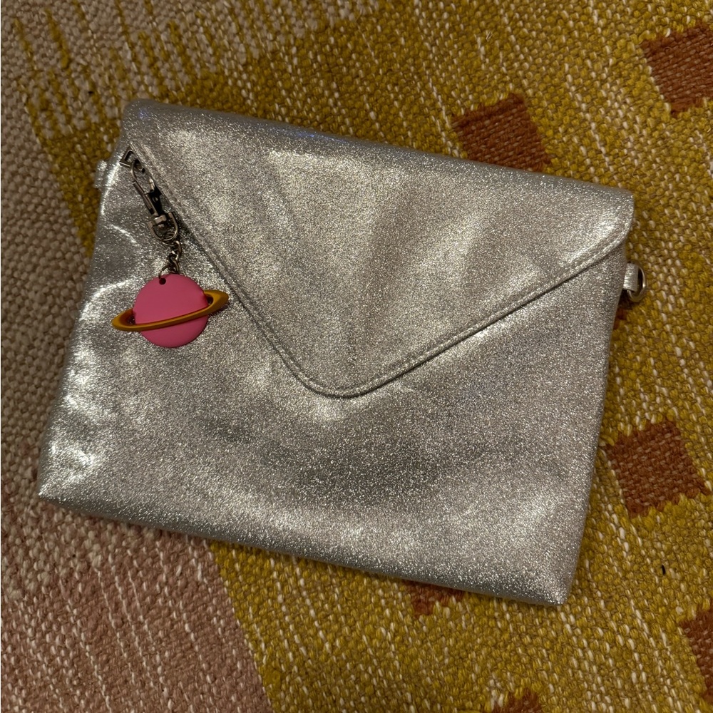 Sparkly Silver Clutch with Planet Keychain